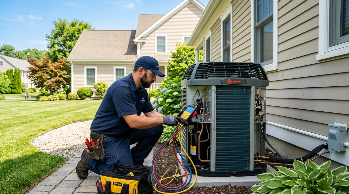 HVAC technician performing maintenance on a central air conditioning condenser outside a Connecticut home in summer