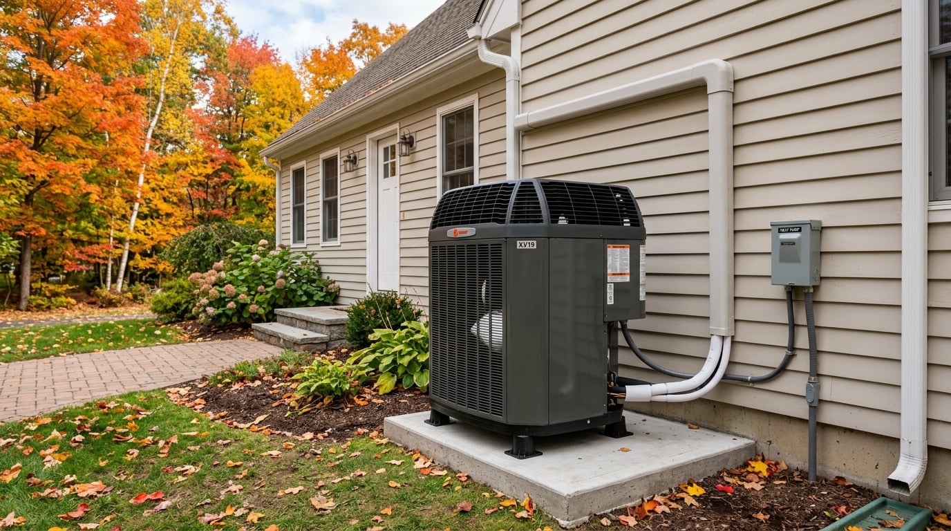Cold-climate heat pump installed beside a Connecticut home with autumn foliage in the background