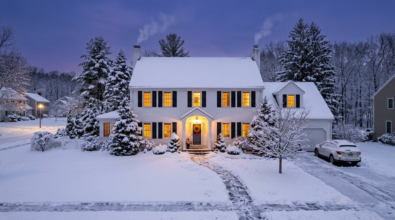 Snow-covered New England colonial home in Connecticut with warm light glowing from the windows at dusk