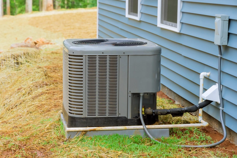 Central air conditioning condenser unit beside a residential home