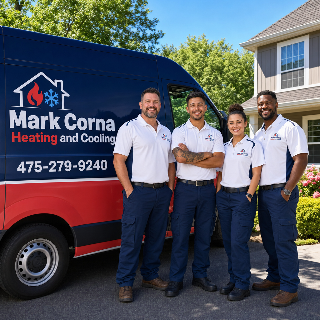 Mark Corna Heating and Cooling team standing in front of the branded company service van